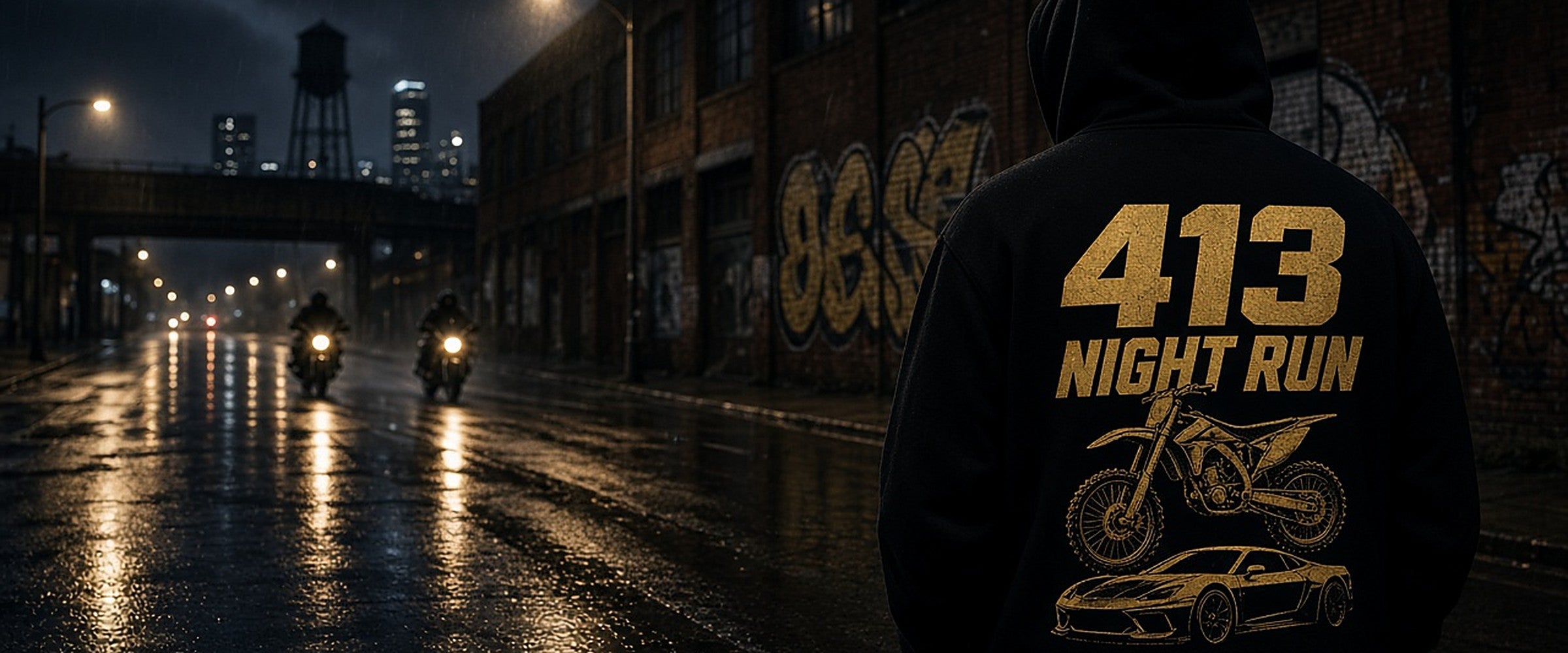 Back of a black LKS hoodie with the gold 413 Night Run graphic on a wet Springfield street at night
