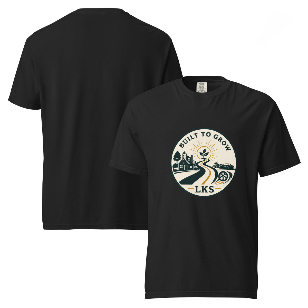 Black LKS Built in the Community heavyweight tee — front and back views