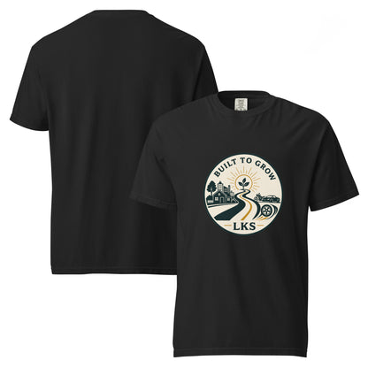 Black LKS Built in the Community heavyweight tee — front and back views