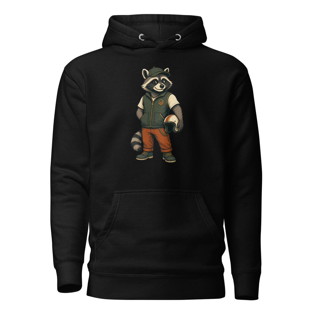 LKS Road Roots Raccoon Premium Hoodie in black — centered front graphic