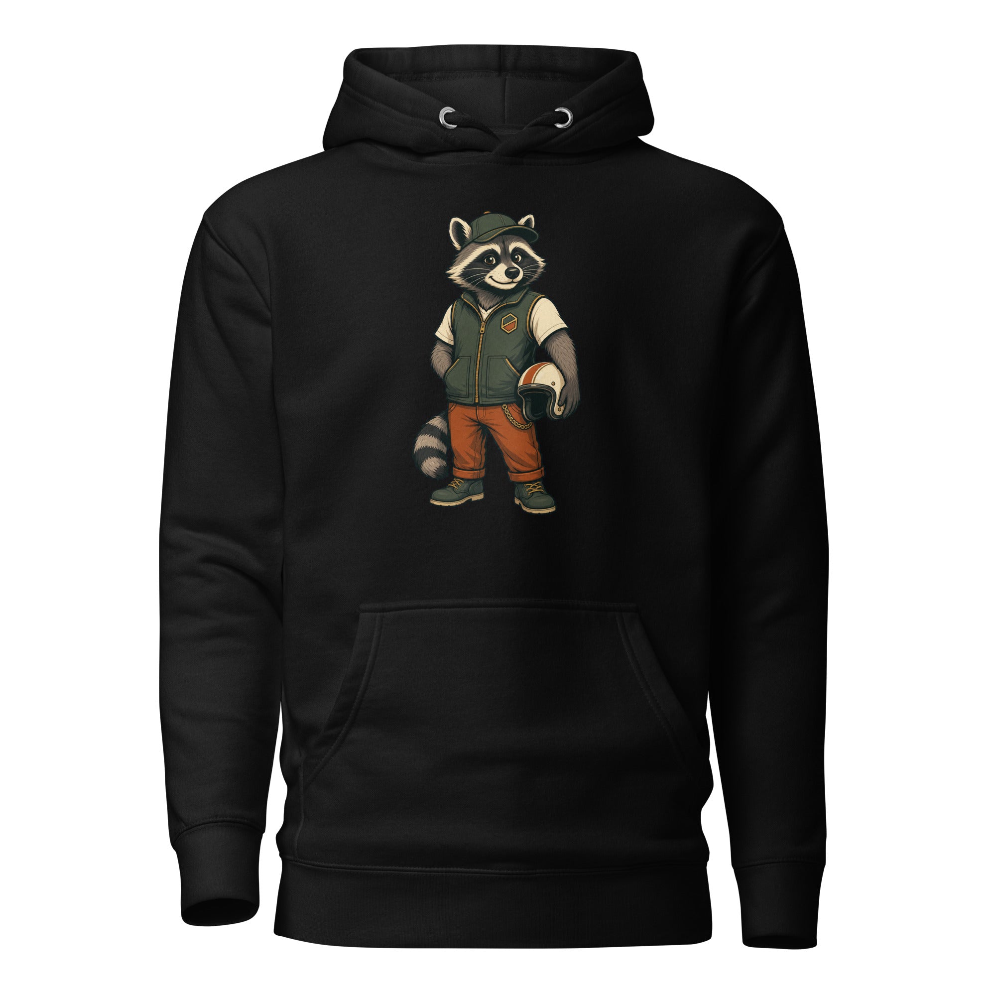 LKS Road Roots Raccoon Premium Hoodie in black — centered front graphic