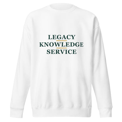White LKS Legacy Knowledge Service Premium Crewneck — front view