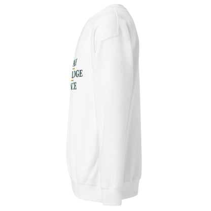 White LKS Legacy Knowledge Service Premium Crewneck — left-side view