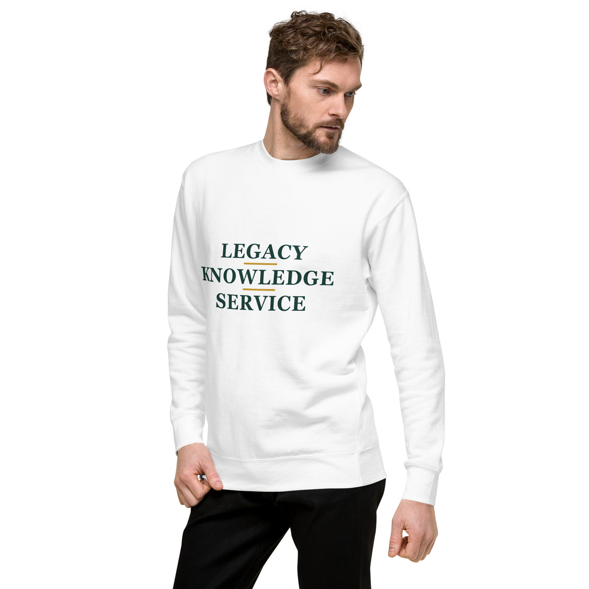 White LKS Legacy Knowledge Service Premium Crewneck — left-front view
